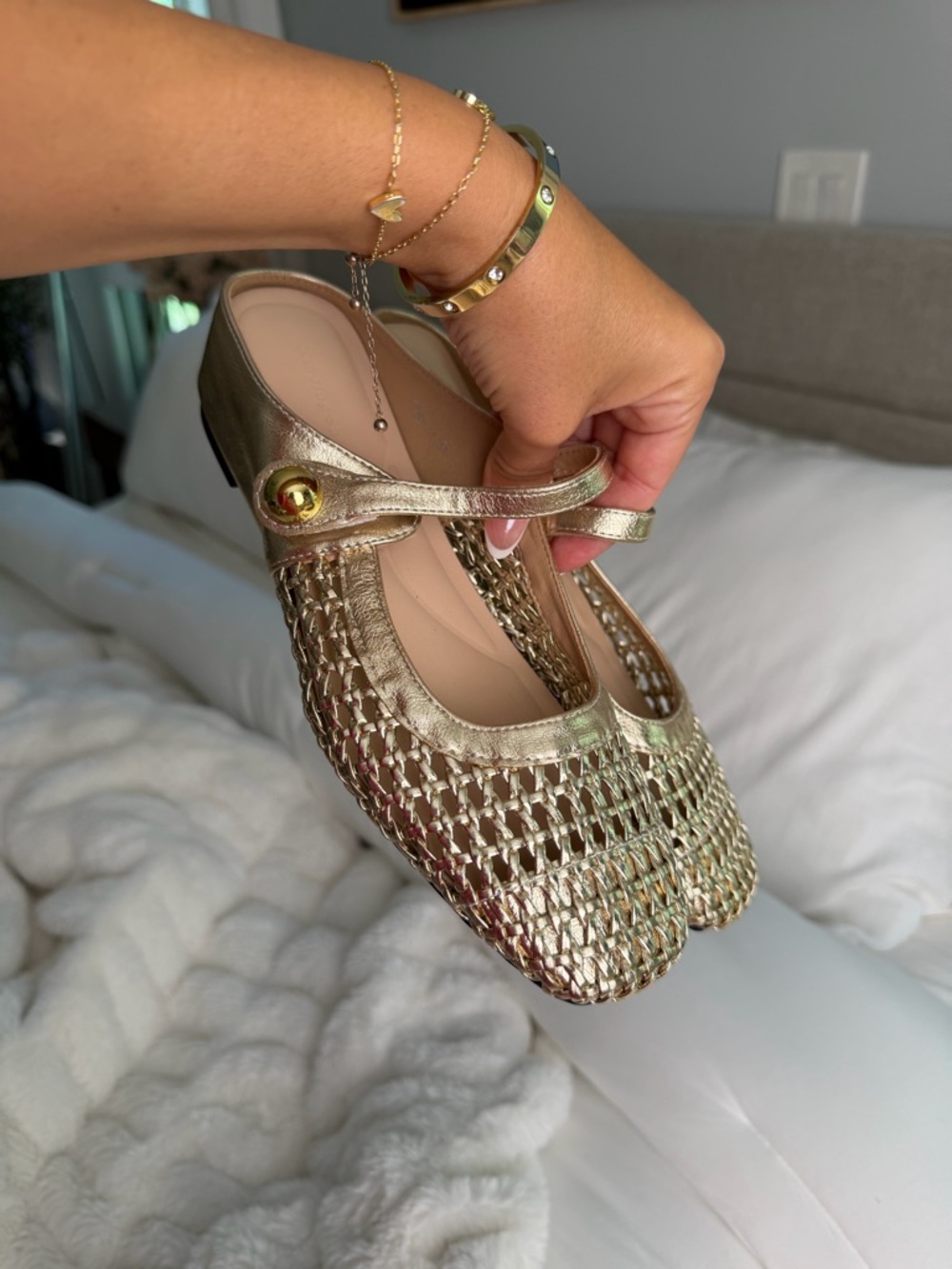 Metallic Gold Woven Mary Jane Flats
